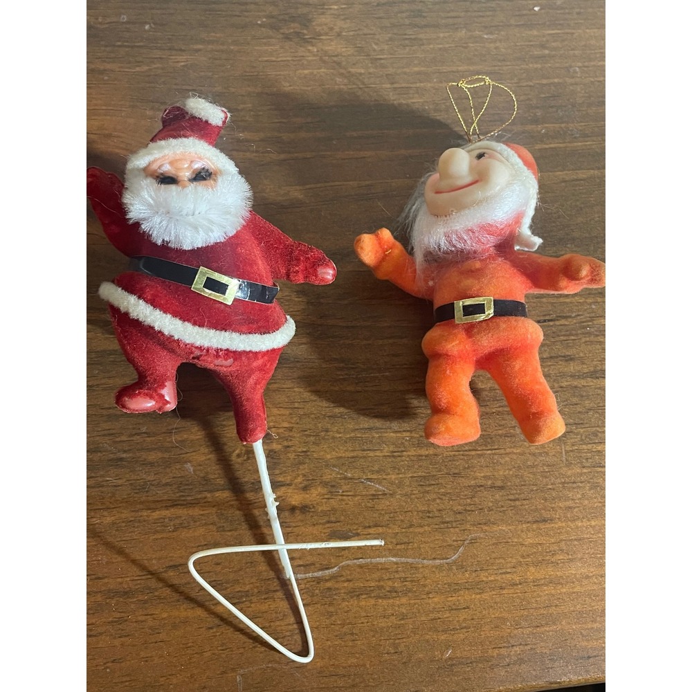 Vintage Flocked Santa Claus Wire Pick and Elf Gnome Christmas Ornament Set 2pc